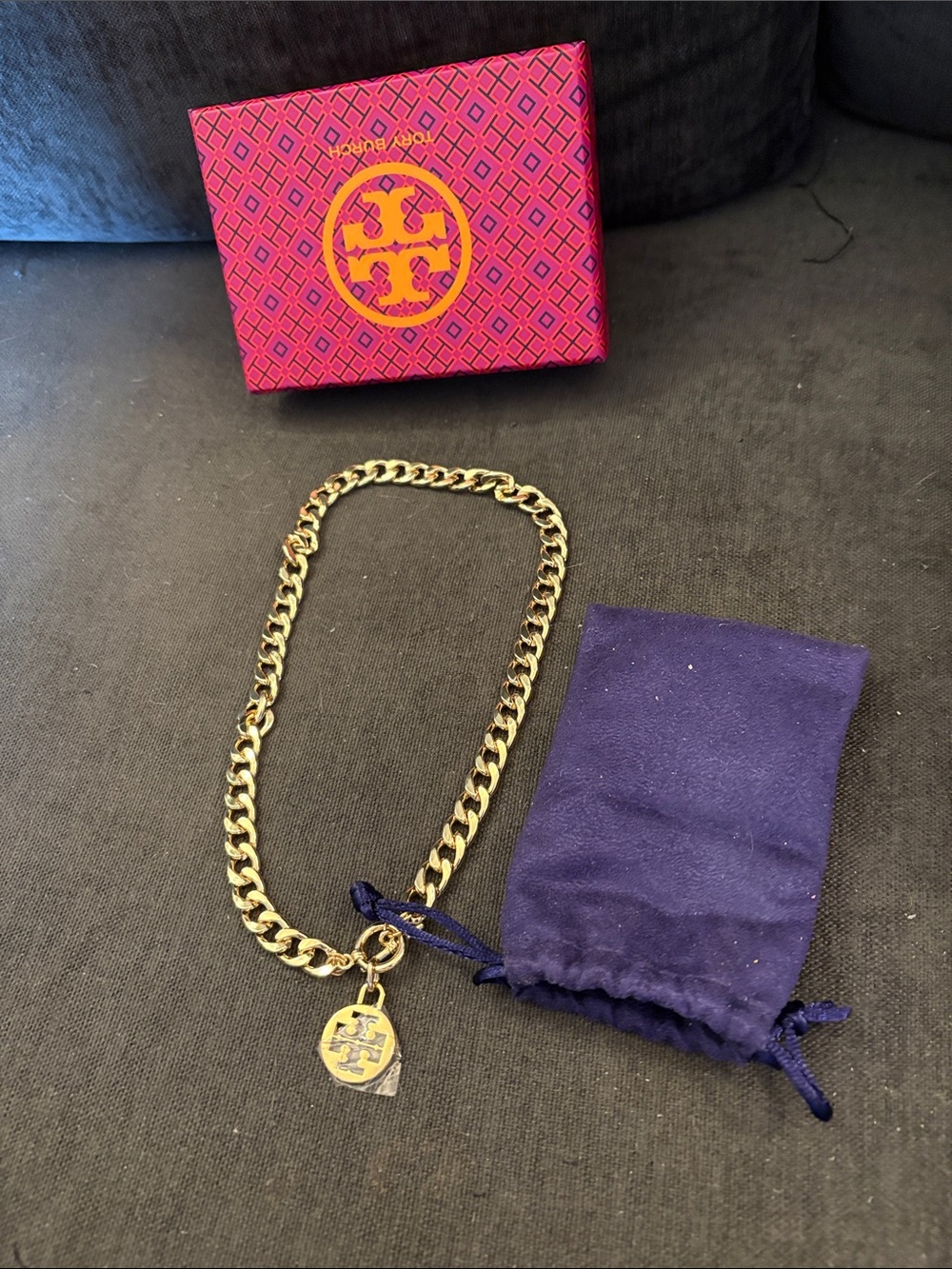 Tory Burch Gold Chain Necklace with Logo Pendant